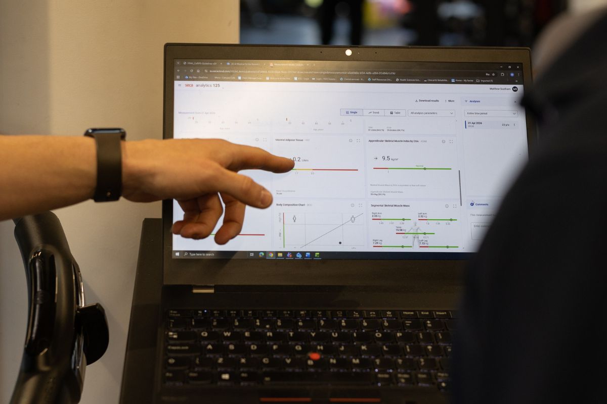 Patient pointing at Seca Body Composition Results